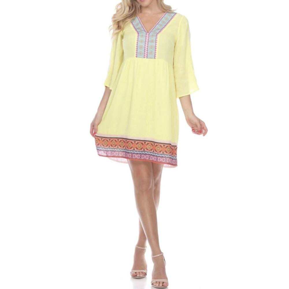 Yellow Bohemian Babydoll Mini Dress Embroidered Accents Large by White Mark